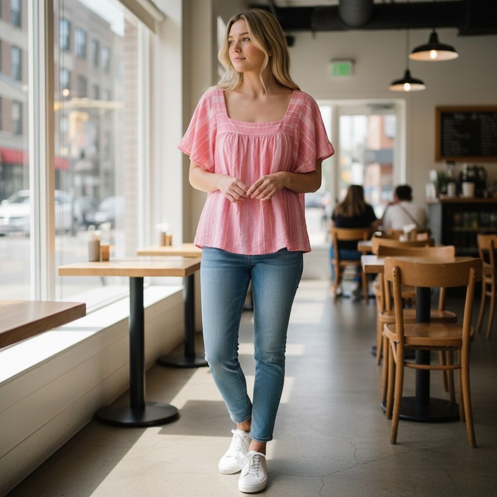 Sonoma Goods For Life Pink White Striped Square Neck Flutter Sleeve Blouse 2X